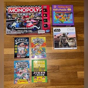 Lot of kid’s items, Monopoly Gamer, two puzzles, Captain Underpants books